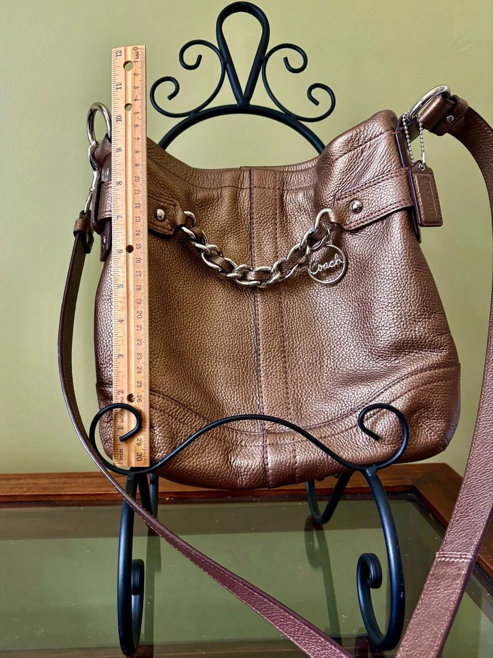 Coach Metallic Bronze Pebbled Leather Hobo Shoulder Bag with Chain Charm - Picture 8 of 13